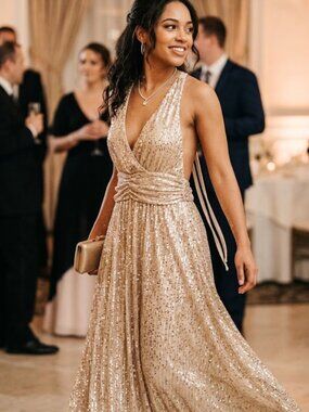 Carla Conti Champagne Sequin Maxi Dress - NWT Size M